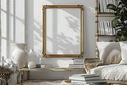 A mockup poster frame 3d render in an ornate gold frame 3d render, above a woven ladder shelf, surrounded by stacked coffee table books, in black and white accents, hyperrealistic photo