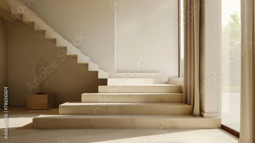 Minimalist beige stairs with Scandinavian vibes in a modern lounge with a window.