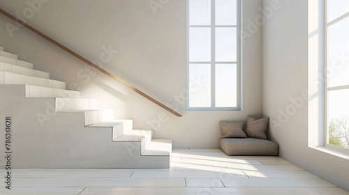 Minimalist beige stairs with Scandinavian flair in a well-designed lounge with a window.