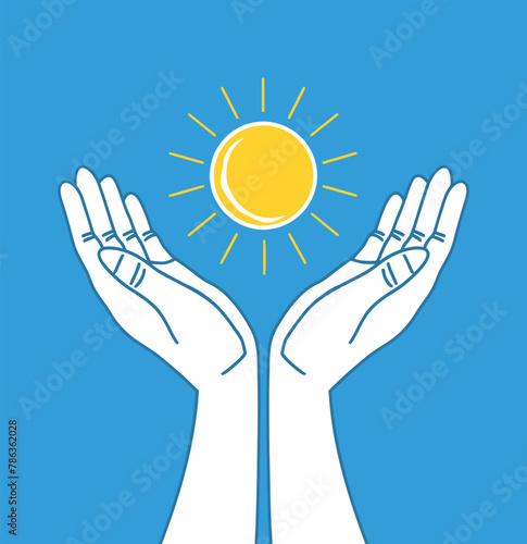 two hands holding a sun in the middle of a blue background