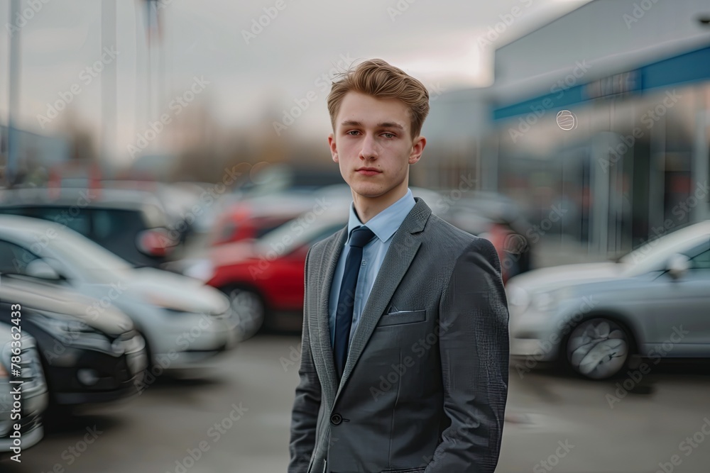 Portrait of a young car salesman at the dealership