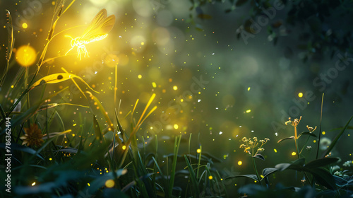 Firefly with yellow light flying in forest grass.