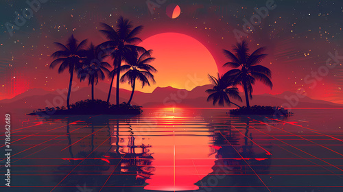 Retro synth wave style Beautiful Sunset on the beach with sea and palm trees. photo