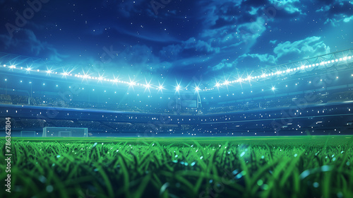Nighttime Atmosphere at the Soccer Stadium: Brilliant Illumination, Verdant Green Field, and Starlit Sky.