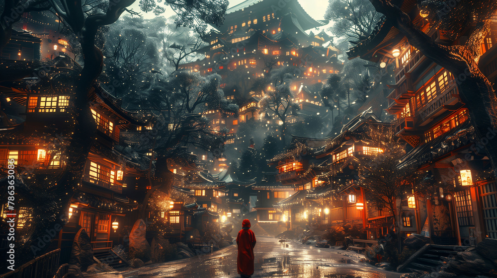 A person in a red outfit walks through a snowy, illuminated traditional Japanese village at night, creating a magical and serene atmosphere. A person in a red outfit walks through a snowy, illuminated traditional Japanese village at night, creating a magical and serene atmosphere.