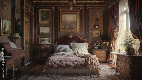 A warm and inviting Victorian style bedroom filled with antique furniture and classic paintings.