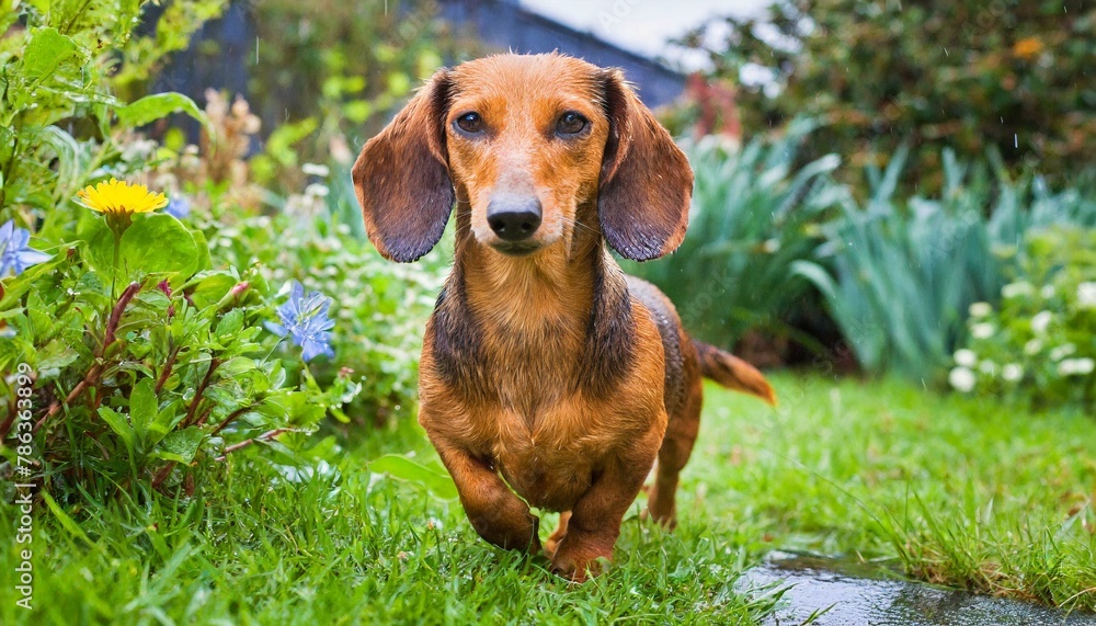 Numa tarde chuvosa, um Dachshund corajoso explora o jardim com sua determinação característica, sua postura orgulhosa e suas orelhas caídas mostrando sua personalidade ousada. Numa tarde chuvosa, um Dachshund corajoso explora o jardim com sua determinação característica, sua postura orgulhosa e suas orelhas caídas mostrando sua personalidade ousada.