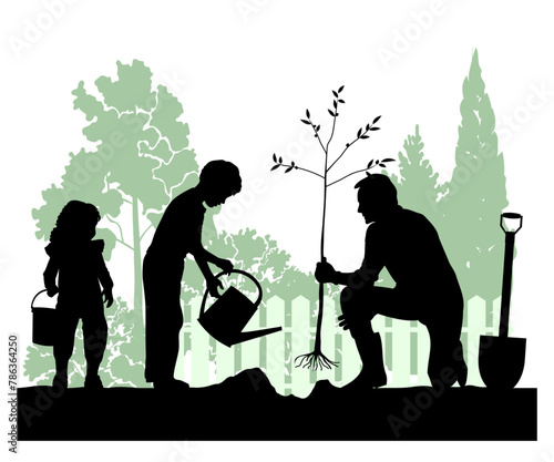 Children, men and women silhouettes on white background. Family working in the garden. Vector illustration.   © Евгений Горячев