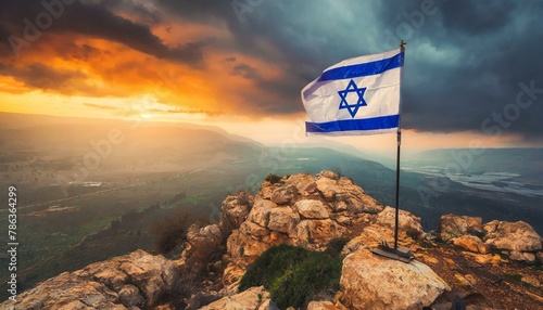 The Flag of Israel On The Mountain.