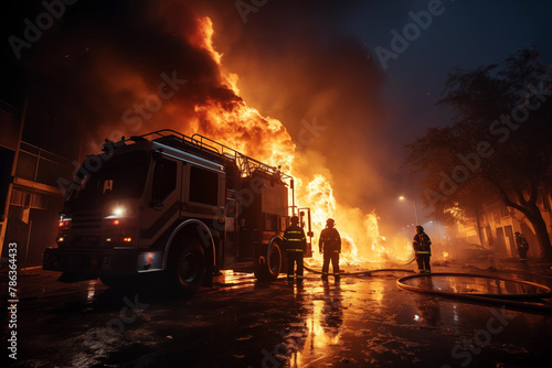 A fire truck on the background of a burning building. Firefighters extinguish the fire