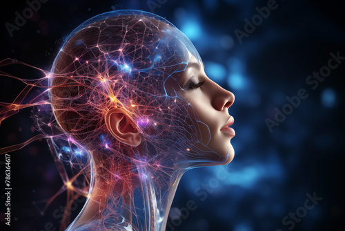 The profile of a woman's head with neural connections in her brain, the power of thought, the law of attraction, energy emission, vibrations on a dark background. The subconscious mind