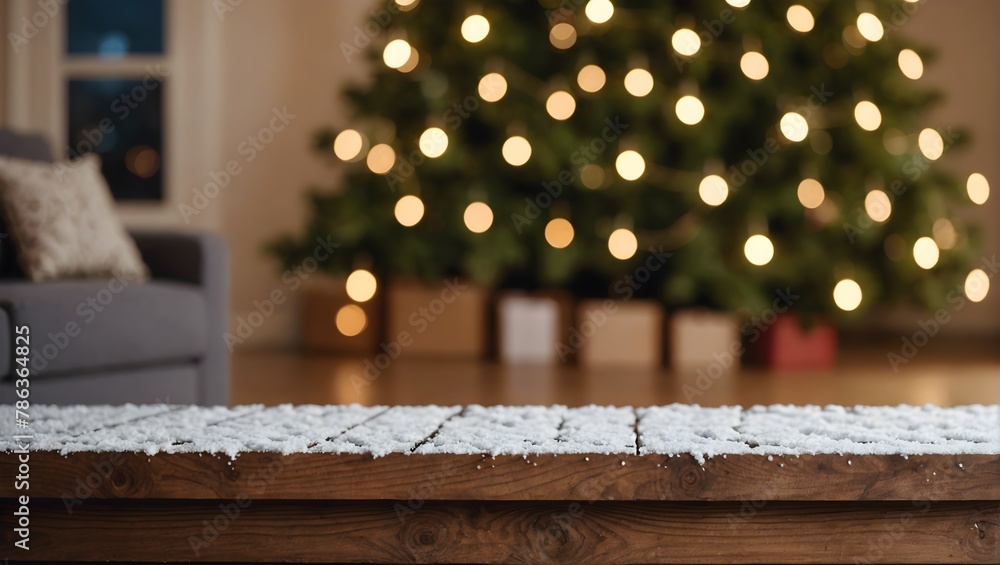 Empty woooden table top with abstract warm living room decor with christmas tree string light blur background with snow,Holiday backdrop,Mock up banner for display of advertise product.