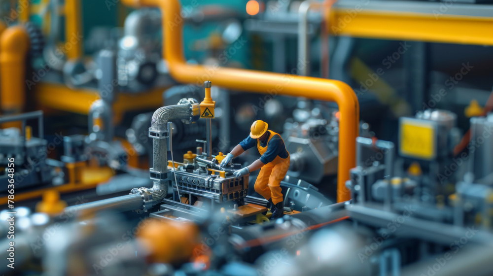 A miniature figure of an industrial worker tightening components on detailed machinery, depicting industrial scale and precision.
