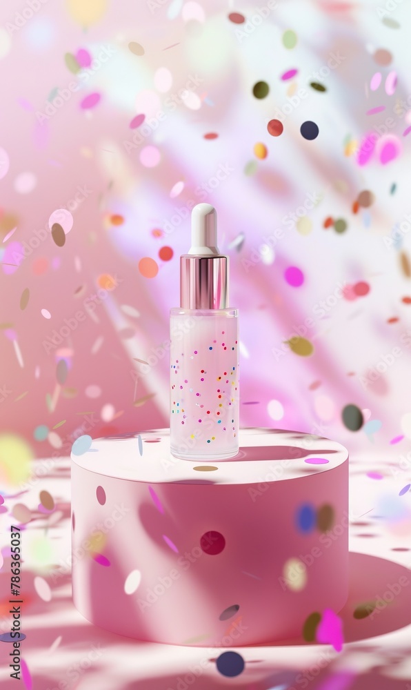 A cosmetic serum bottle on a pedestal with a festive confetti background - obrazy, fototapety, plakaty 