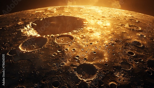 Visualize the golden opportunity to reach the moon through meticulous photorealistic digital rendering techniques Highlight the intricate details of the lunar surface under a golden glow photo