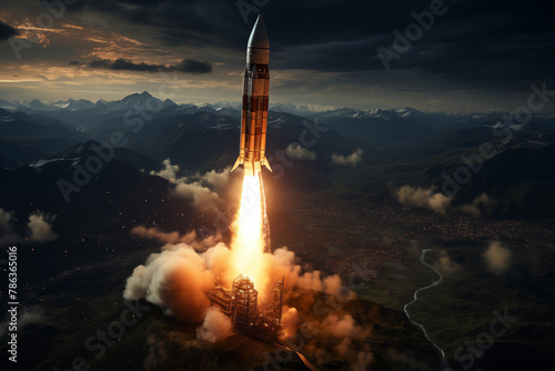 Launching a rocket into space. The rocket lifts off from the ground against the background of a mountain landscape