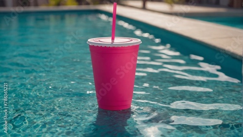 Pink brightly colored beverage cup on a turquoise background. Poolside relaxation theme.