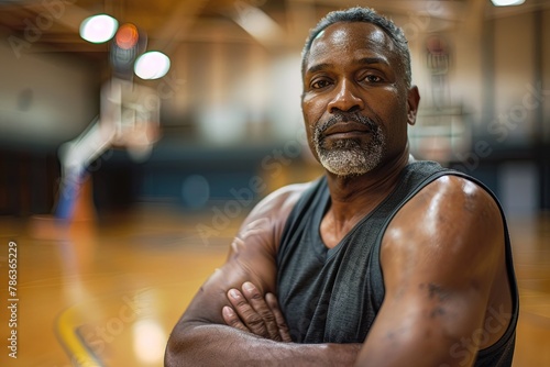 Portrait of a senior man in indoor basketball gym