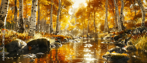 Scenic Autumn Landscape by a River, Showcasing Colorful Foliage Reflections and Peaceful Natural Beauty