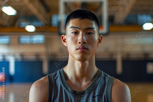 Portrait of a young asian man in indoor basketball court photo