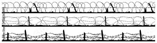 Silhouette of barbed wire and wooden stake on the ground. trench war elements vector background. photo