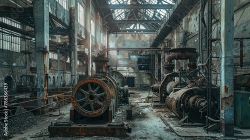 Abandoned factory interior with old machinery in the background, industrial equipment and machinery