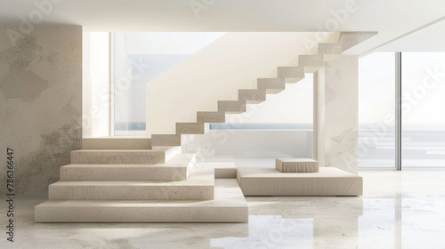 Modern beige stairs in a minimalist Scandinavian lounge with a clear view from the window.