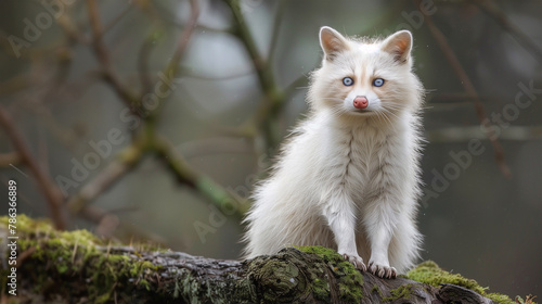 Close up portrait of an albino raccoon sitting in the forest among tree branches