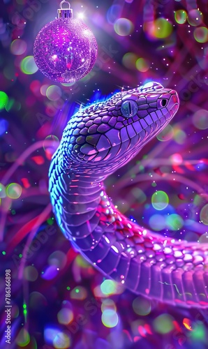 A digital illustration of a snake with shiny scales, surrounded by vibrant, colorful bokeh and holding a glittering Christmas ornament