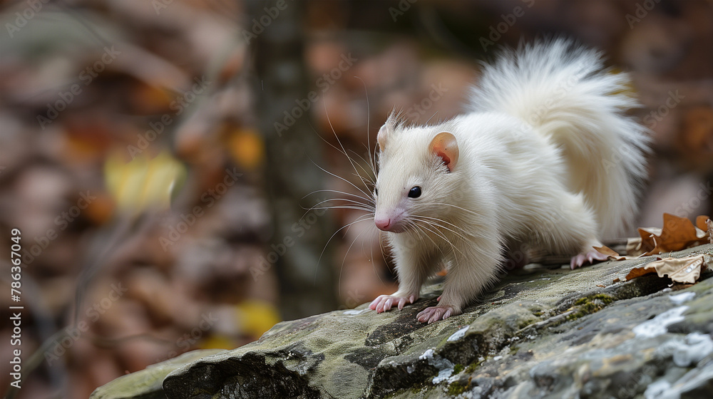 Close up portrait of an albino squirrel sitting on a sheared tree in the forest Close up portrait of an albino squirrel sitting on a sheared tree in the forest