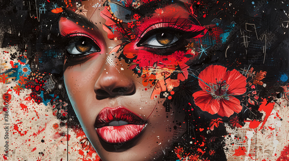 Vibrant artwork featuring a woman's face with abstract red and black splashes and floral elements.