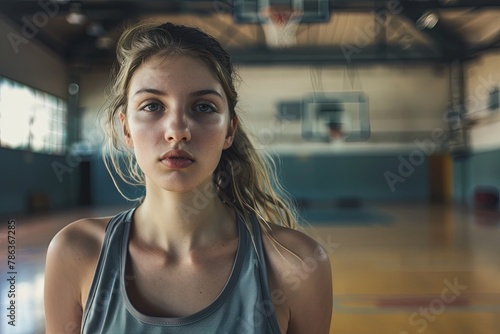 Portrait of a young woman in indoor basketball court