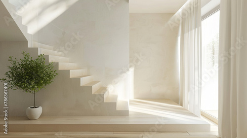 Modern beige stairs with Scandinavian influences in a spacious lounge illuminated by a window.