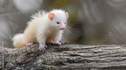 Close up portrait of an albino ferret sitting on a sheared tree in the forest photo