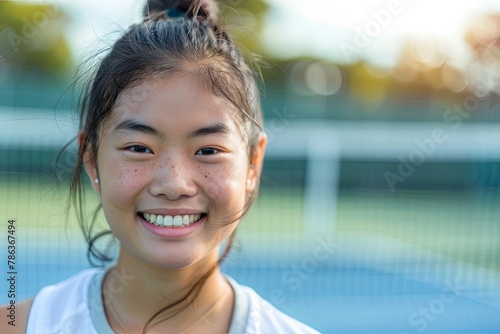 Portrait of a young smiling asian woman on tennis court