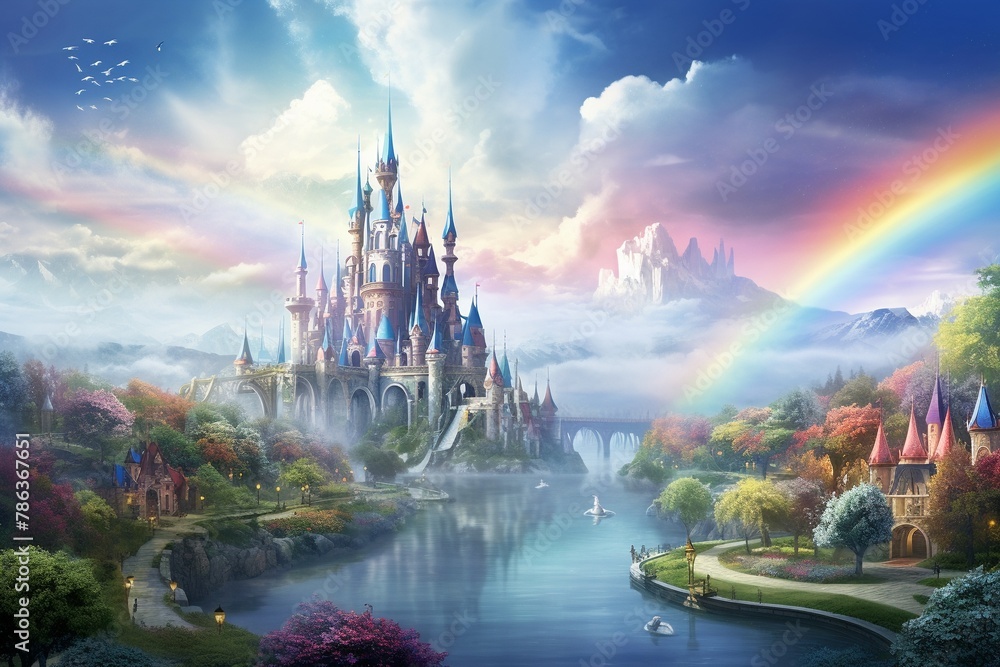 Obraz premium Enchanted maritime village, under a soft rainbow mist , illustration