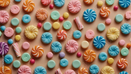 Playful assorted candy and sweets pattern on pastel cream background. Minimal dessert party concept.