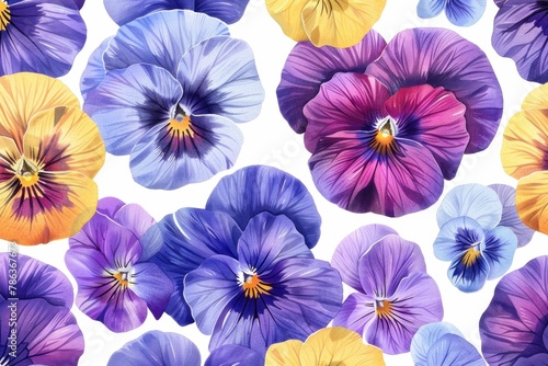 Watercolor Pansies Seamless Pattern on White Background for Floral Design and Decorative Projects