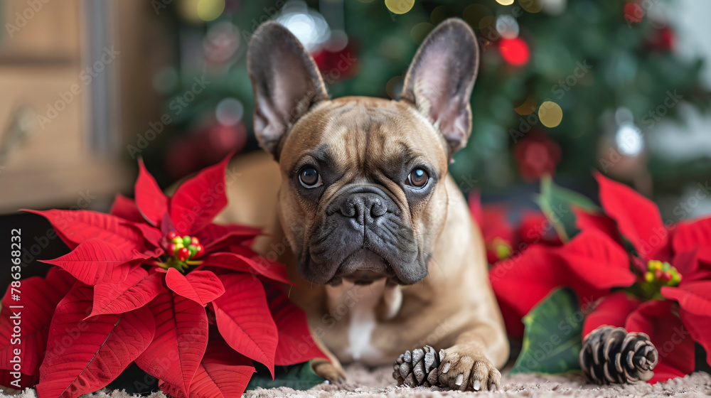 French bulldog with toy and poisonous poinsettia plant