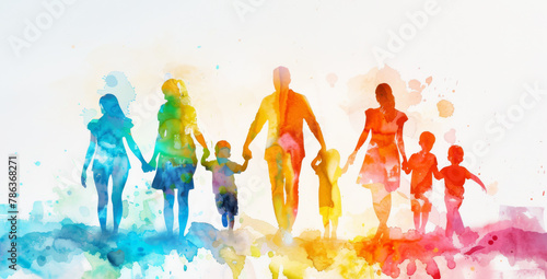 Watercolor illustrtation drawing of a family holding hands with children in their arms, colorful on white background, family day concept photo