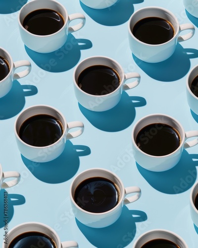 A playful pattern of coffee cups casting shadows on a bright blue surface, perfect for café and beverage themes.