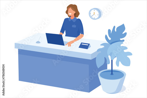 hotel reception girl work in laptop vector illustration