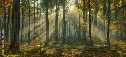 Serene Autumn Forest Bathed in Morning Sunlight, Perfect for Capturing the Peaceful and Tranquil Aspects of the Season © NURA ALAM