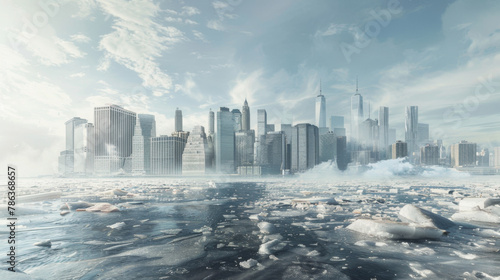 A futuristic city skyline stands eerily frozen, with ice floes in the foreground and mist enveloping the skyscrapers.
