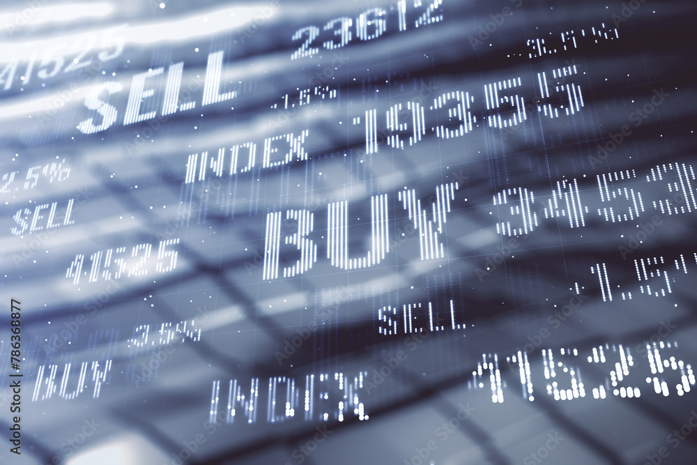Obraz premium Multi exposure of virtual abstract financial graph interface on abstract metal background, financial and trading concept