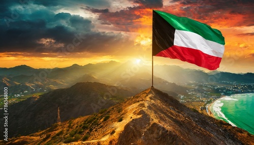 The Flag of Kuwait On The Mountain.