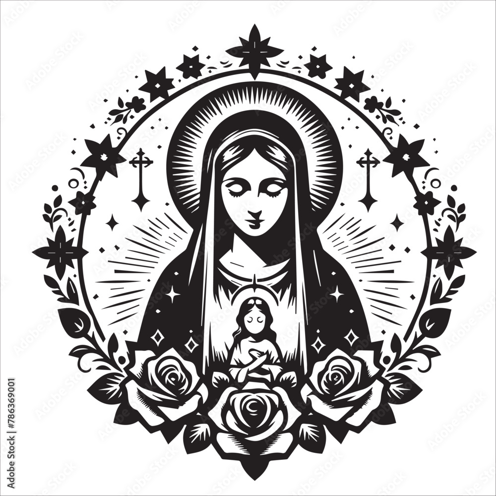 Virgin Mary and Baby Jesus with flowers Vector Virgin Mary and Baby Jesus with flowers Vector