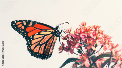 A monarch butterfly showcases its iconic orange and black wing pattern while perching on vibrant pink flowers.