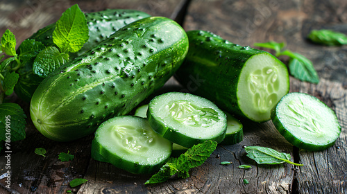 Fresh whole and cut cucumbers on table closeup