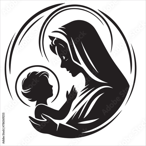 a Virgin Mary holding a baby Jesus in black and white vector